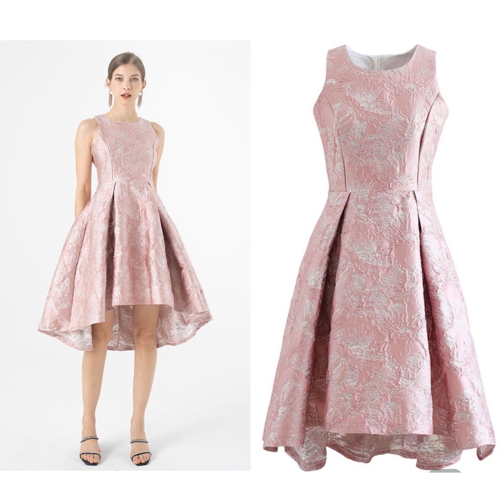 Chicwish Magnolia Blossom Shimmer Jacquard Waterfall Dress in Pale Pink, Size XS